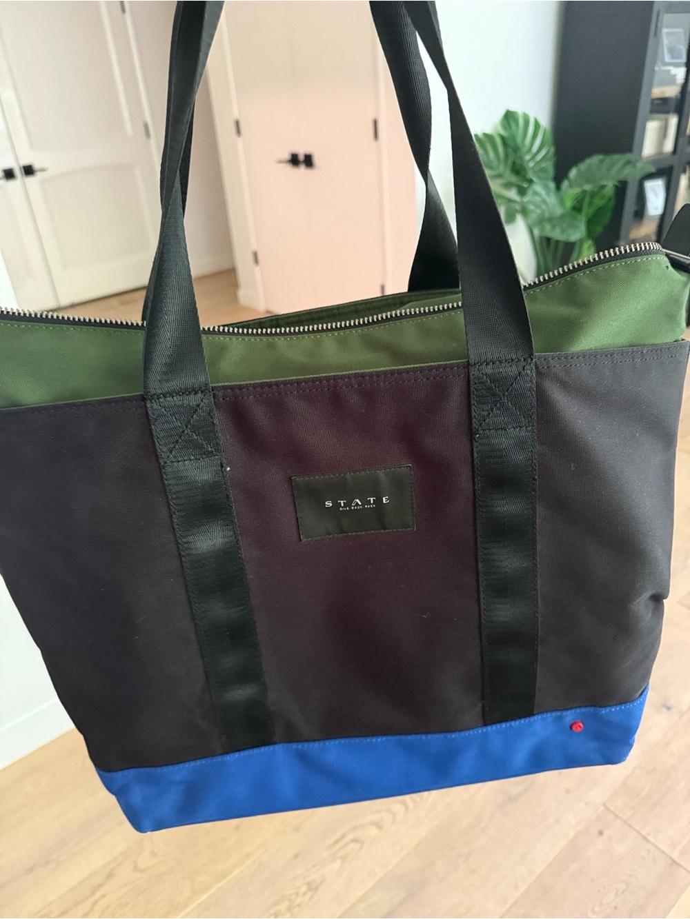 STATE Colorblock Canvas Tote in Green, Burgundy, Black & Blue